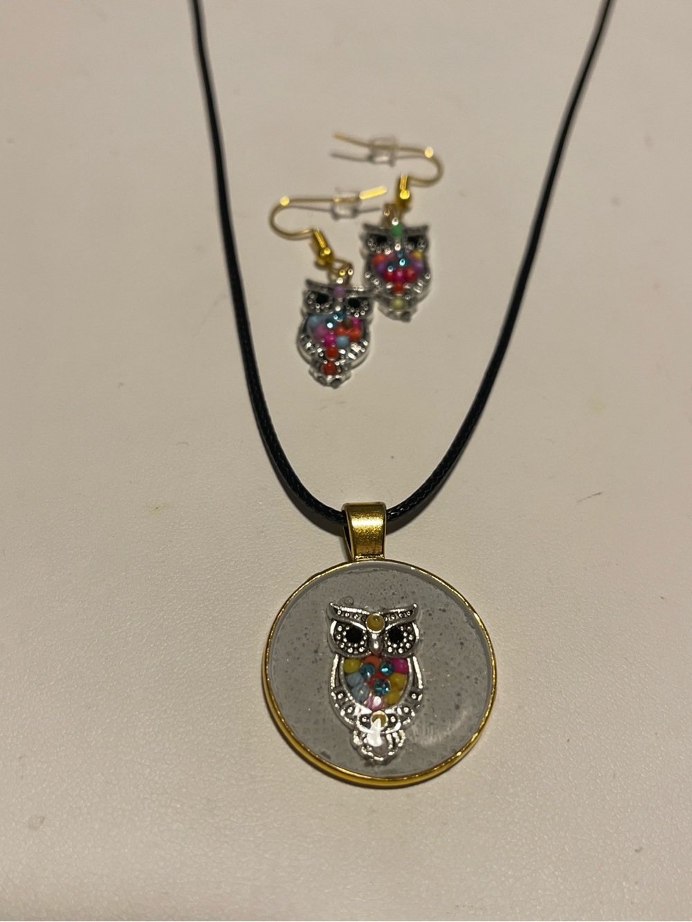 Multicolor Owl Pendant Necklace and Matching Earrings - Women's Jewelry